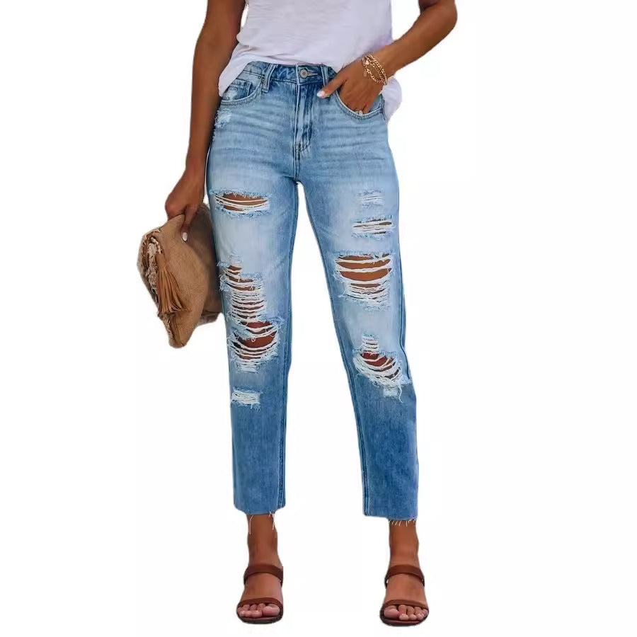 Cross-Border Export Jeans 2025 Summer Elegant Simple European and American Ripped Slimming Look Washed Denim Pants for Women