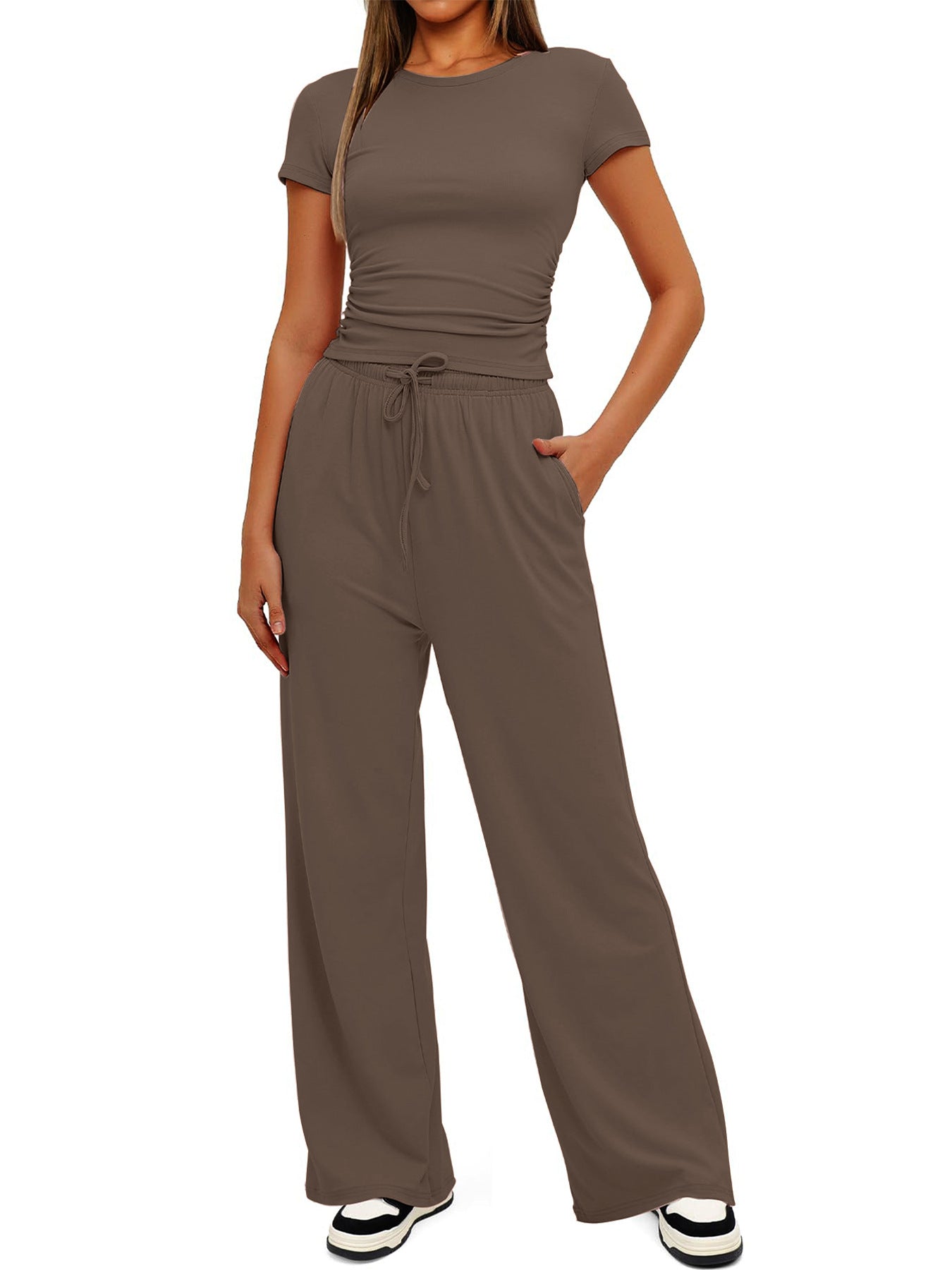 Women's Summer Solid Loose Casual Tracksuit Two Piece Set O Neck Short Sleeve T Shirt Wide Leg Pants Sportswear