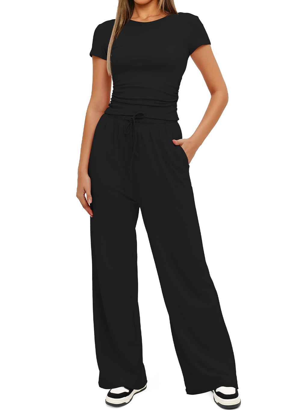 Women's Summer Solid Loose Casual Tracksuit Two Piece Set O Neck Short Sleeve T Shirt Wide Leg Pants Sportswear