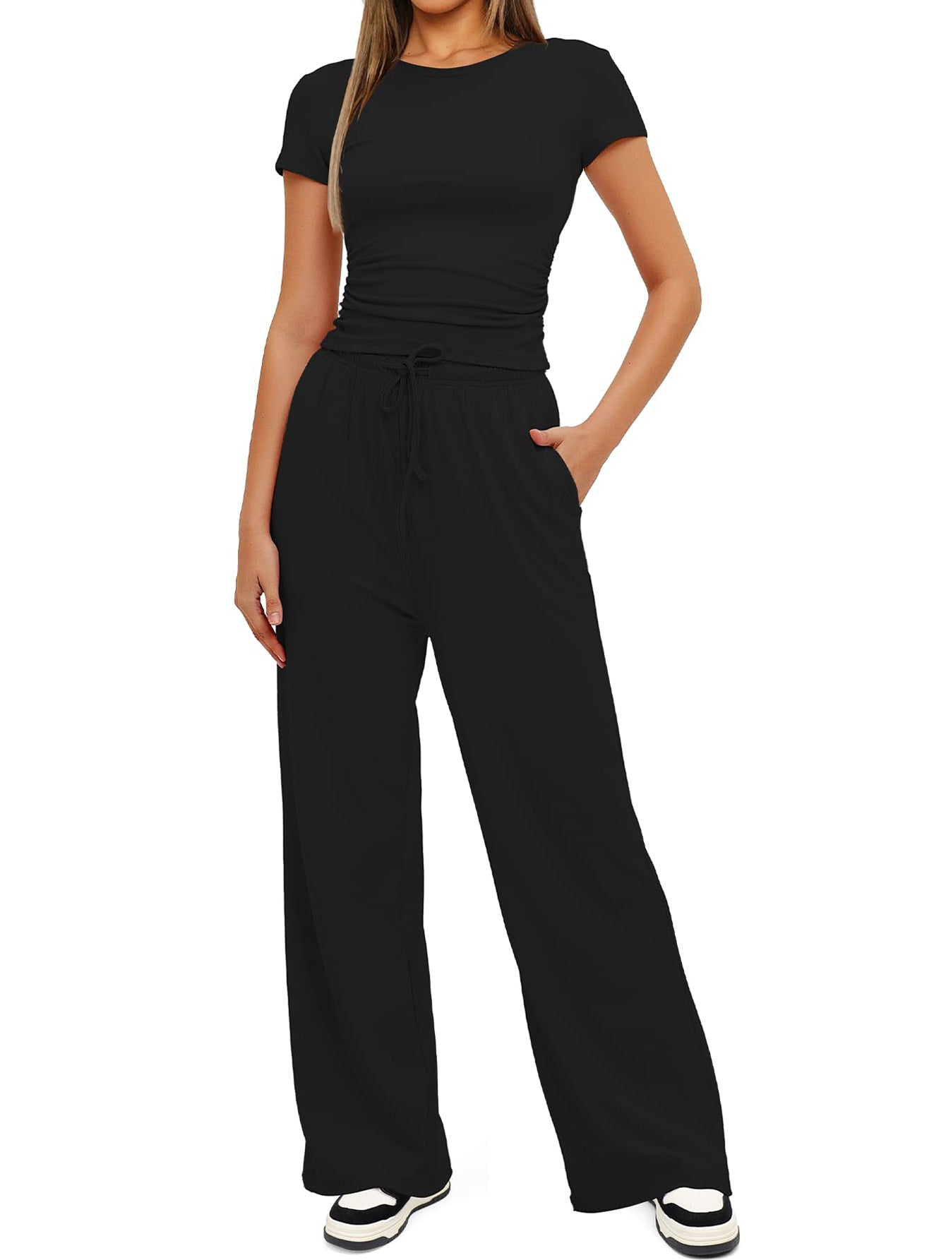 Women's Summer Solid Loose Casual Tracksuit Two Piece Set O Neck Short Sleeve T Shirt Wide Leg Pants Sportswear