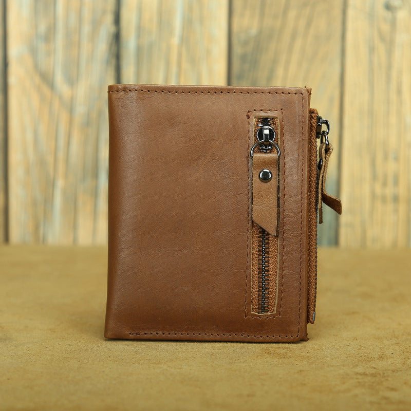 Shikangxin Vintage Genuine Leather Wallet Men's Short Wallet Multifunctional Zipper Bag Casual Oil Wax Cowhide Wallet