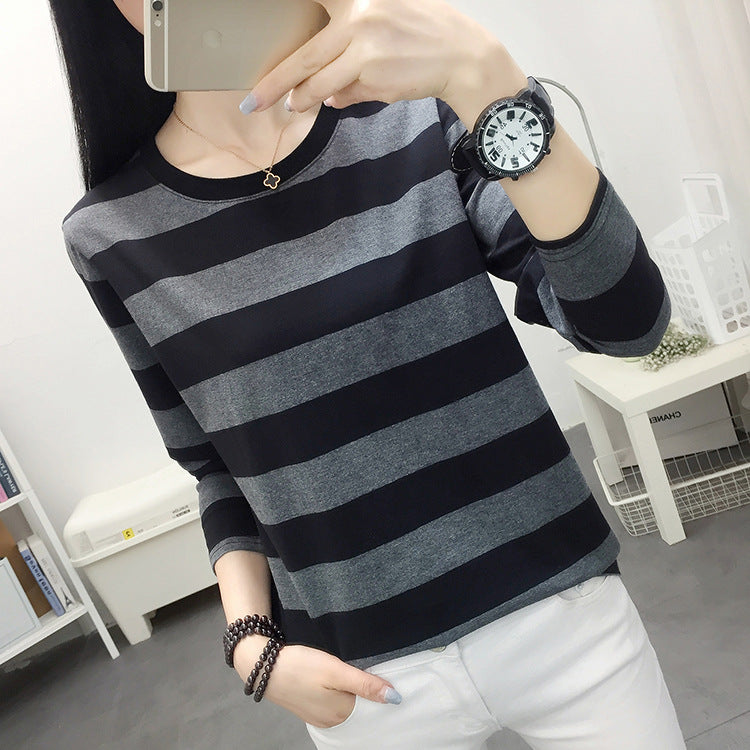 Autumn chubby girl Plus Size Large Size Loose Cotton Long-sleeved T-shirt Women's Middle-aged Mother Base Shirt Striped Top