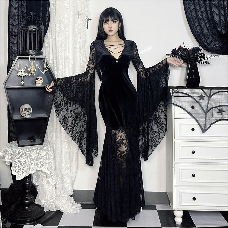 Halloween Costume Women Batwing Sleeve Floor Dress Black Gothic Evil Terror Maxi Mistress Morticia Addam Family Outfit For Adult