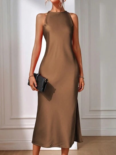 European and American Cross-Border Amazon Satin Dress Women's Spring and Summer Sleeveless Slit Satin Imitation Silk Long Skirt