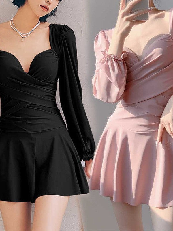 Yan 2026 New Style Sweet and Pure Desire Style with Underwire, Push-Up, Slimming, Long-Sleeved Dress-Style One-Piece Swimsuit for Women Wholesale