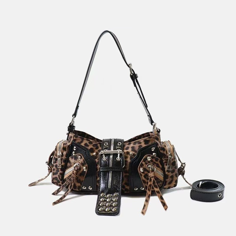 European and American Fashion Personality in Rivet Tassel Spicy Girl Motorcycle Retro Versatile Commuter Underarm Handbag Shoulder Crossbody Bag
