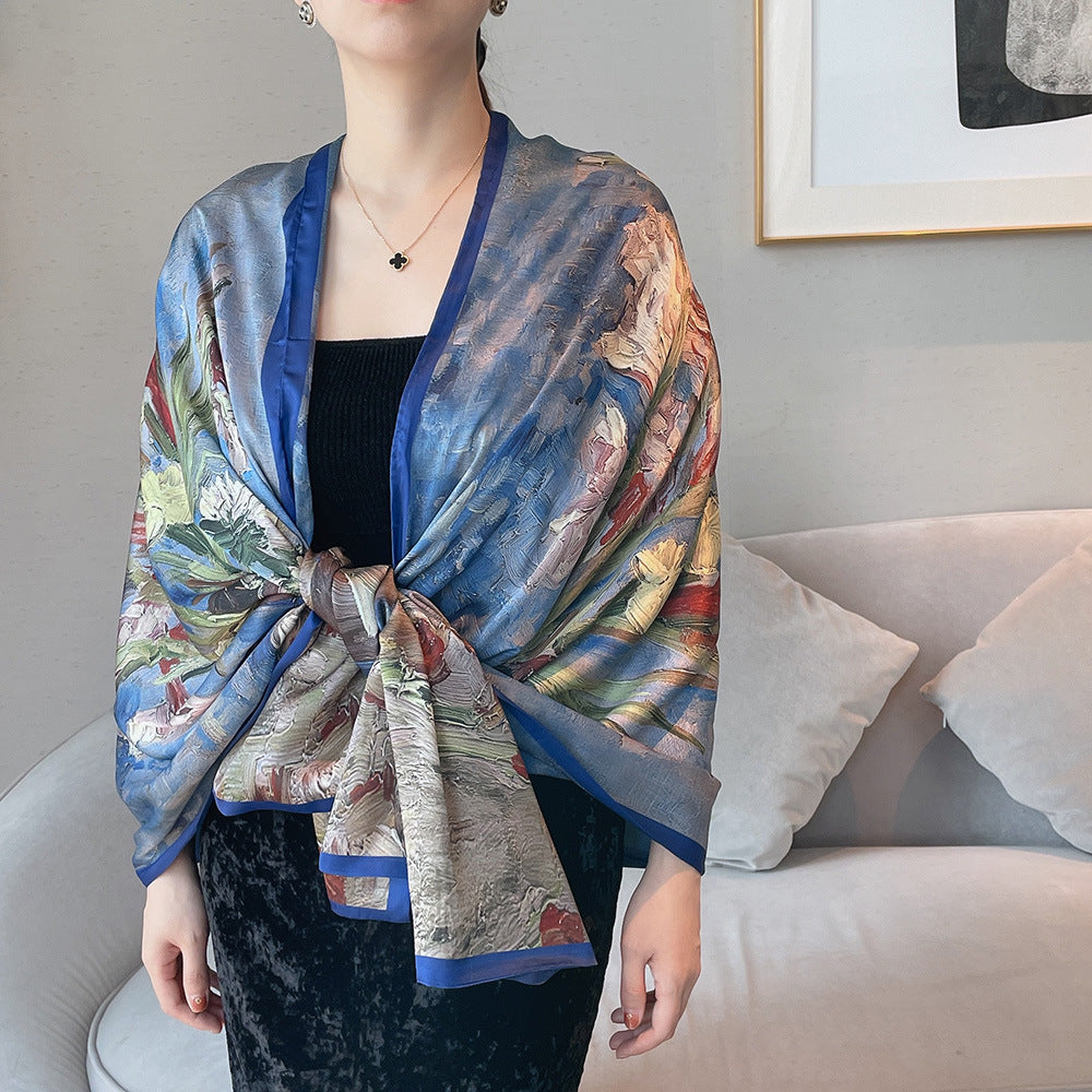 Van Gogh Monet oil painting double-sided double-layer silk scarf women's long 180x70 new silk satin popular fashion scarf shawl New