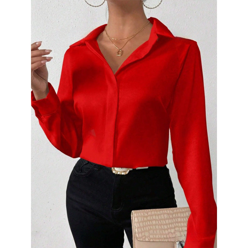 Cross-Border European and American Clothing Satin Shirt Women's Satin Imitation Silk Long-Sleeved Shirt European and American Export Cross-Border Women's Clothing