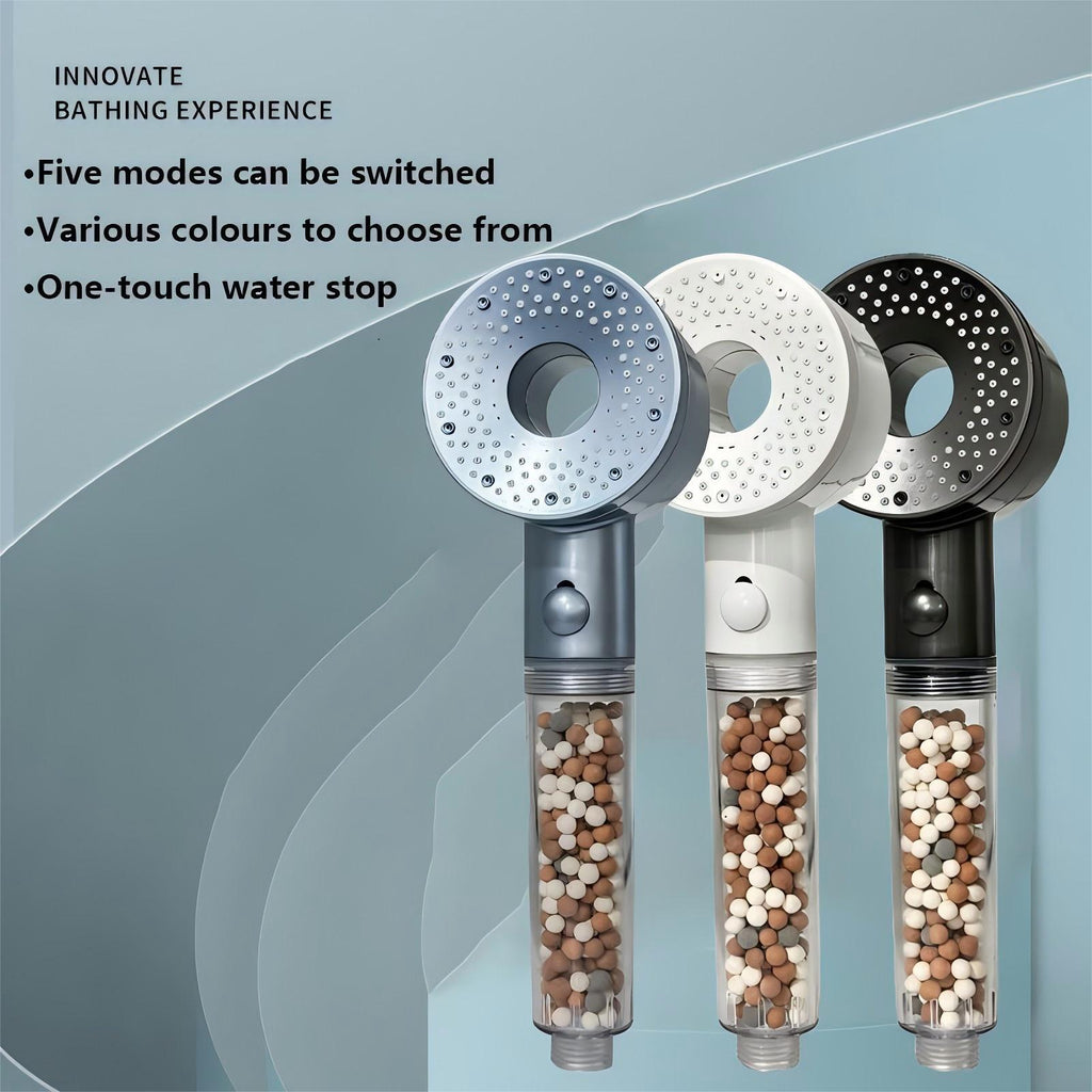 5 Modes Pressurized Shower Head with Mineral Ball Filter High Pressure Spray Nozzles Stop Button Showerhead Bathroom Accessories