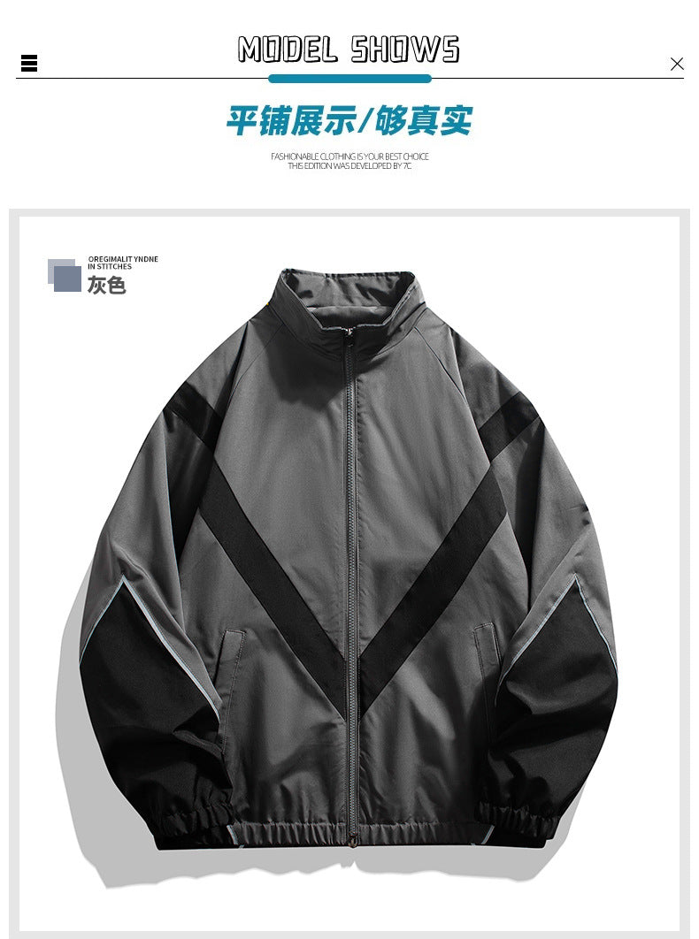Russian Foreign Trade Trendy Brand Reflective Patchwork Stand-Up Collar Jacket Spring and Autumn Loose Sports Casual Jacket for Men