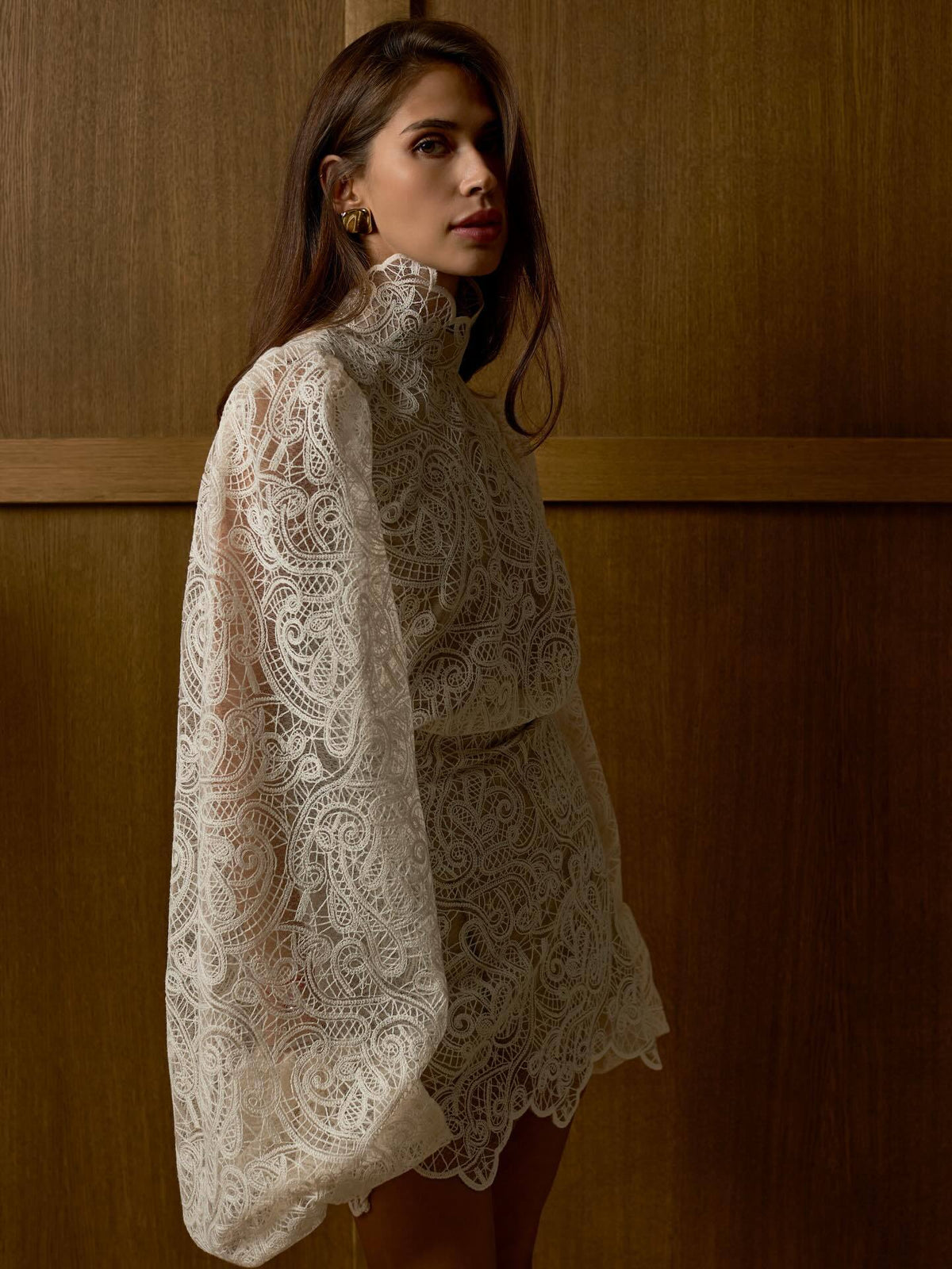Spring 2026 Women's Lace Hollow out Mini Dress Two-Piece Set with Elegant Long Sleeve High Neck Design Chic Club Night Outfit