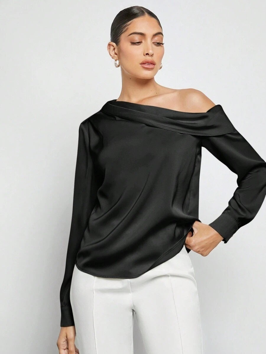 Foreign Trade Cross-Border Pleated Satin Shirt Top Spring and Summer European and American Amazon Off-Shoulder Asymmetrical Long-Sleeved Shirt for Women