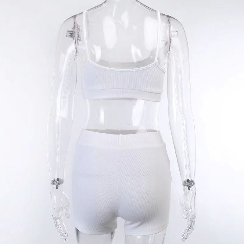 2024 spring and summer new English label rib European and American fashion small suspender shorts suit women's cross-border foreign trade Wholesale