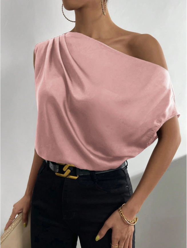 2026 Spring Solid Color Satin Imitation Silk Irregular Off-Shoulder One-Neck Pullover Sleeveless Shirt for Women European and American Fashion