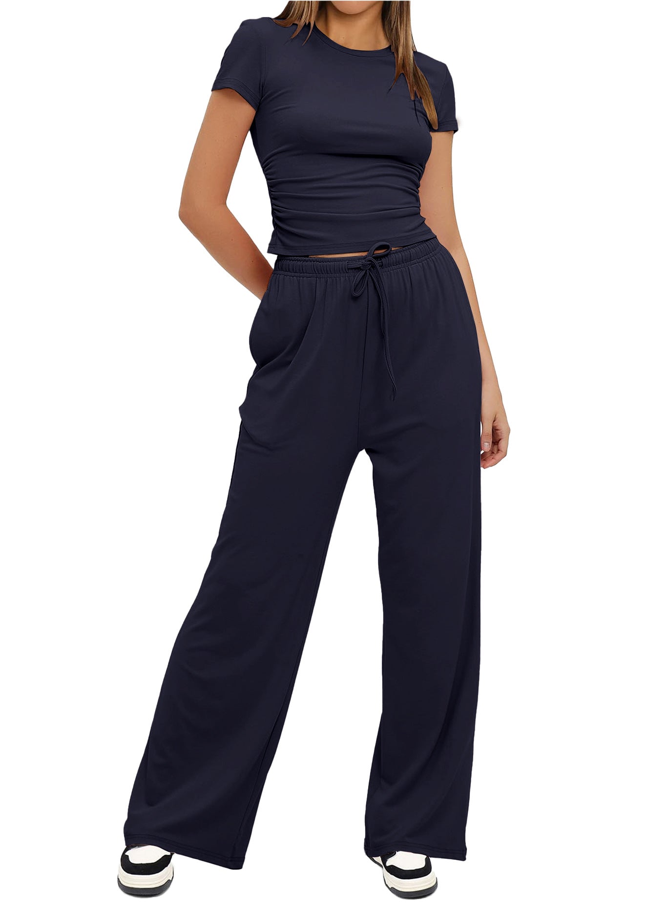 Women's Summer Solid Loose Casual Tracksuit Two Piece Set O Neck Short Sleeve T Shirt Wide Leg Pants Sportswear