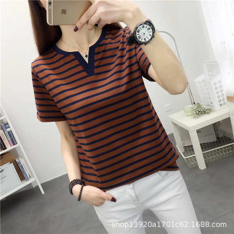 chubby girl Striped Short-sleeved T-shirt Women's Extras Large Size Loose Slimming Half-sleeved T-shirt Cotton Casual V-neck Top
