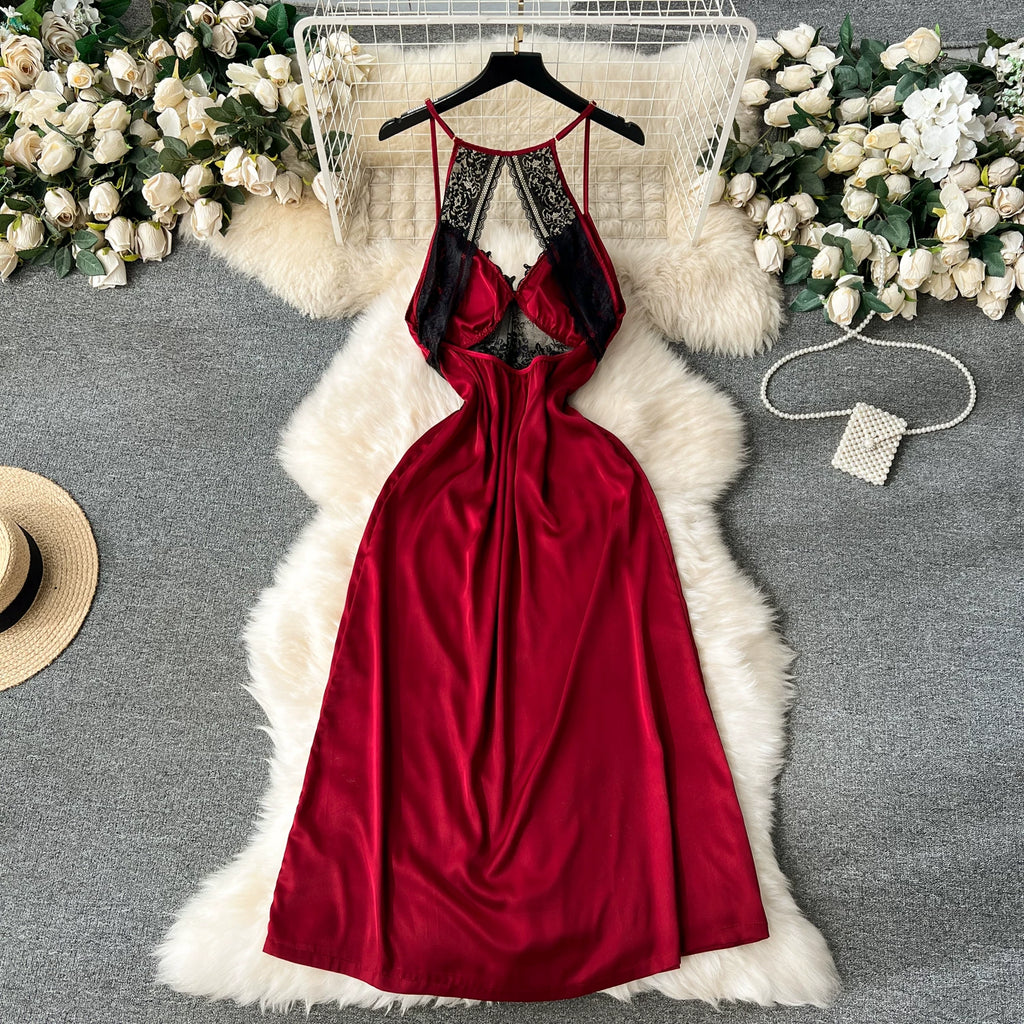 CHILLGIO Women Lace Satin Spaghetti Strap Dress Sexy Hollow Fashion Nightwear Nightgowns Ins Hot A Line Nightie Pajamas Sundress