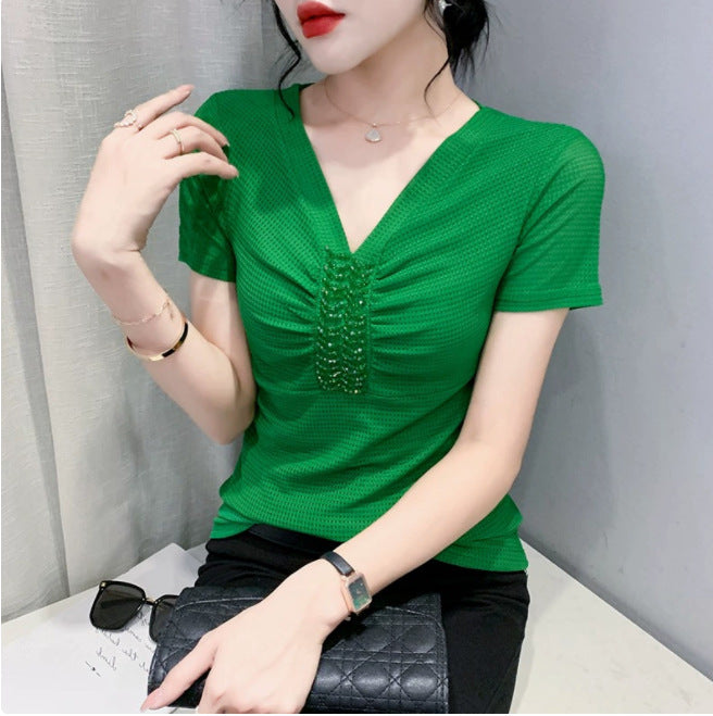 European 2024 Summer New Design Niche V-neck Bead Short-sleeved T-shirt Women's Slim-fit All-match Ins Top