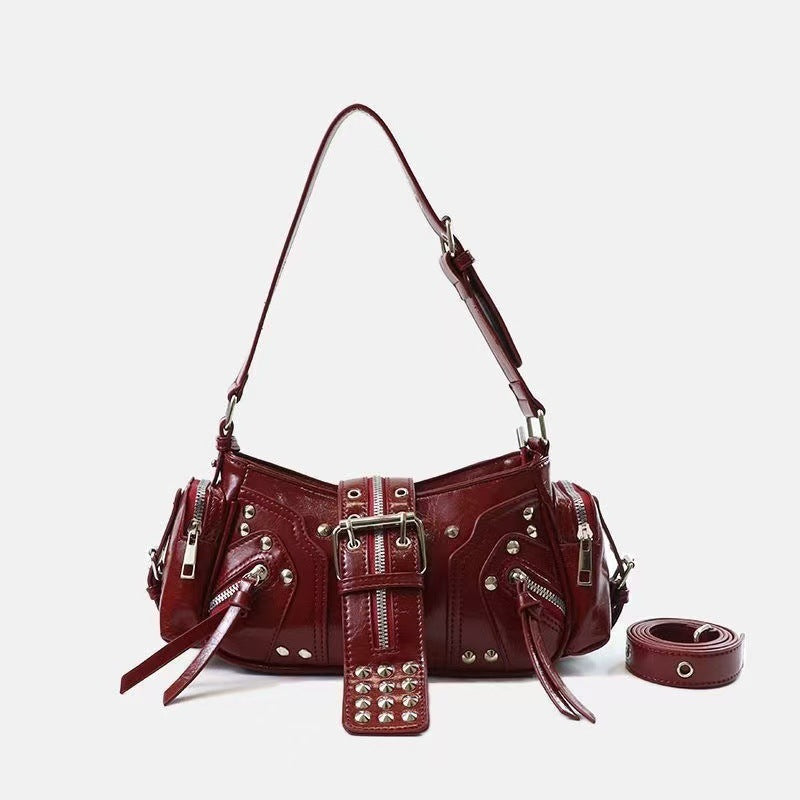 European and American Fashion Personality in Rivet Tassel Spicy Girl Motorcycle Retro Versatile Commuter Underarm Handbag Shoulder Crossbody Bag