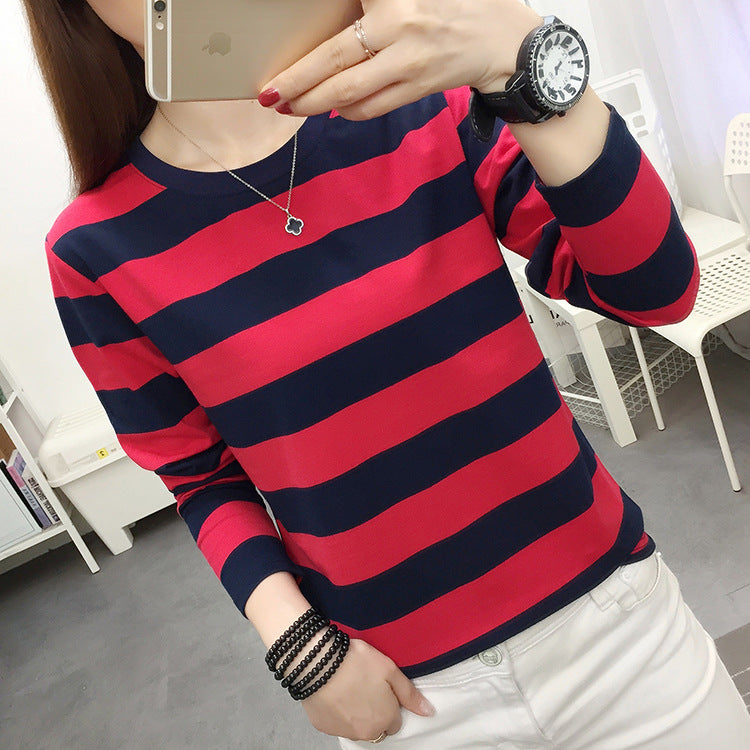 Autumn chubby girl Plus Size Large Size Loose Cotton Long-sleeved T-shirt Women's Middle-aged Mother Base Shirt Striped Top