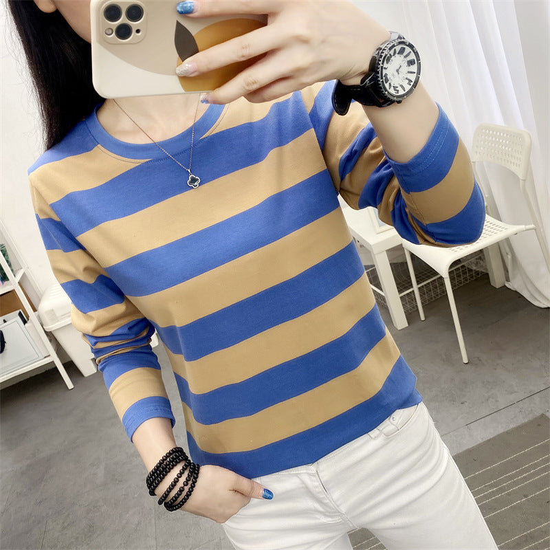 Autumn chubby girl Plus Size Large Size Loose Cotton Long-sleeved T-shirt Women's Middle-aged Mother Base Shirt Striped Top
