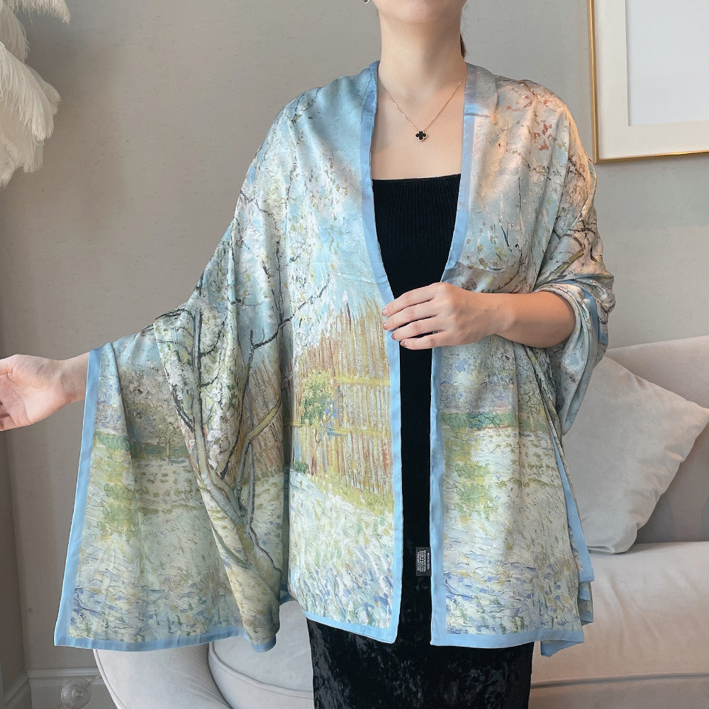 Van Gogh Monet oil painting double-sided double-layer silk scarf women's long 180x70 new silk satin popular fashion scarf shawl New