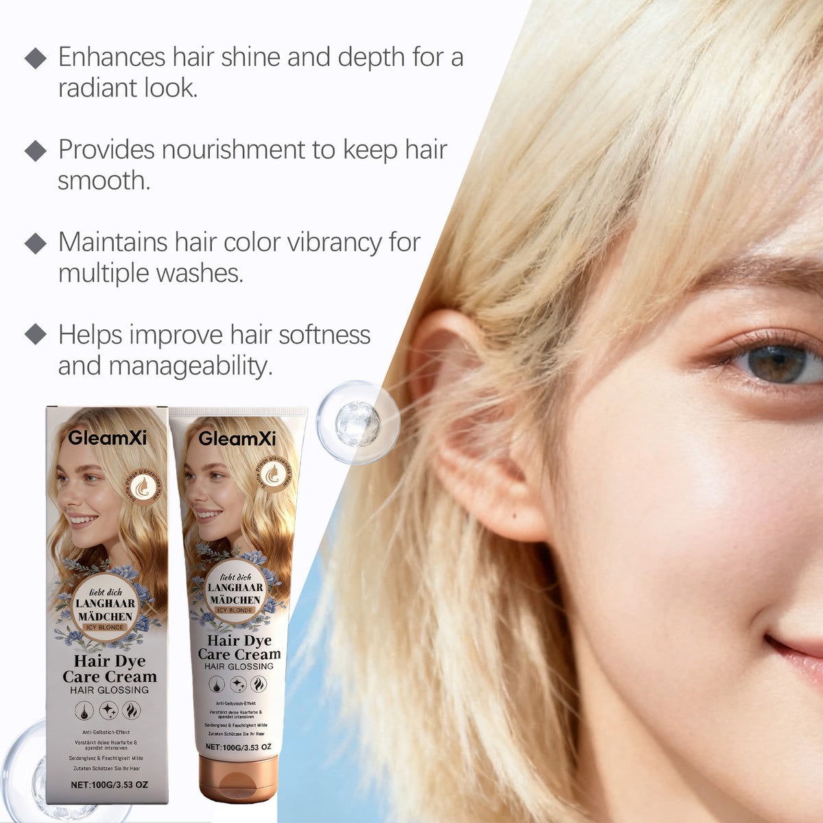 Gleamxi Icy Blonde Hair Dye Cream Permanent DIY Home Natural Long Lasting Shiny Glossy Anti Dry Damage Hair Coloring Cream 100g