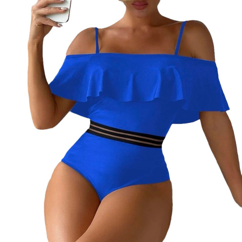 Europe and the United States cross-border new foreign trade ladies one-piece swimsuit solid color stitching sexy lotus leaf shoulder swimsuit bikini