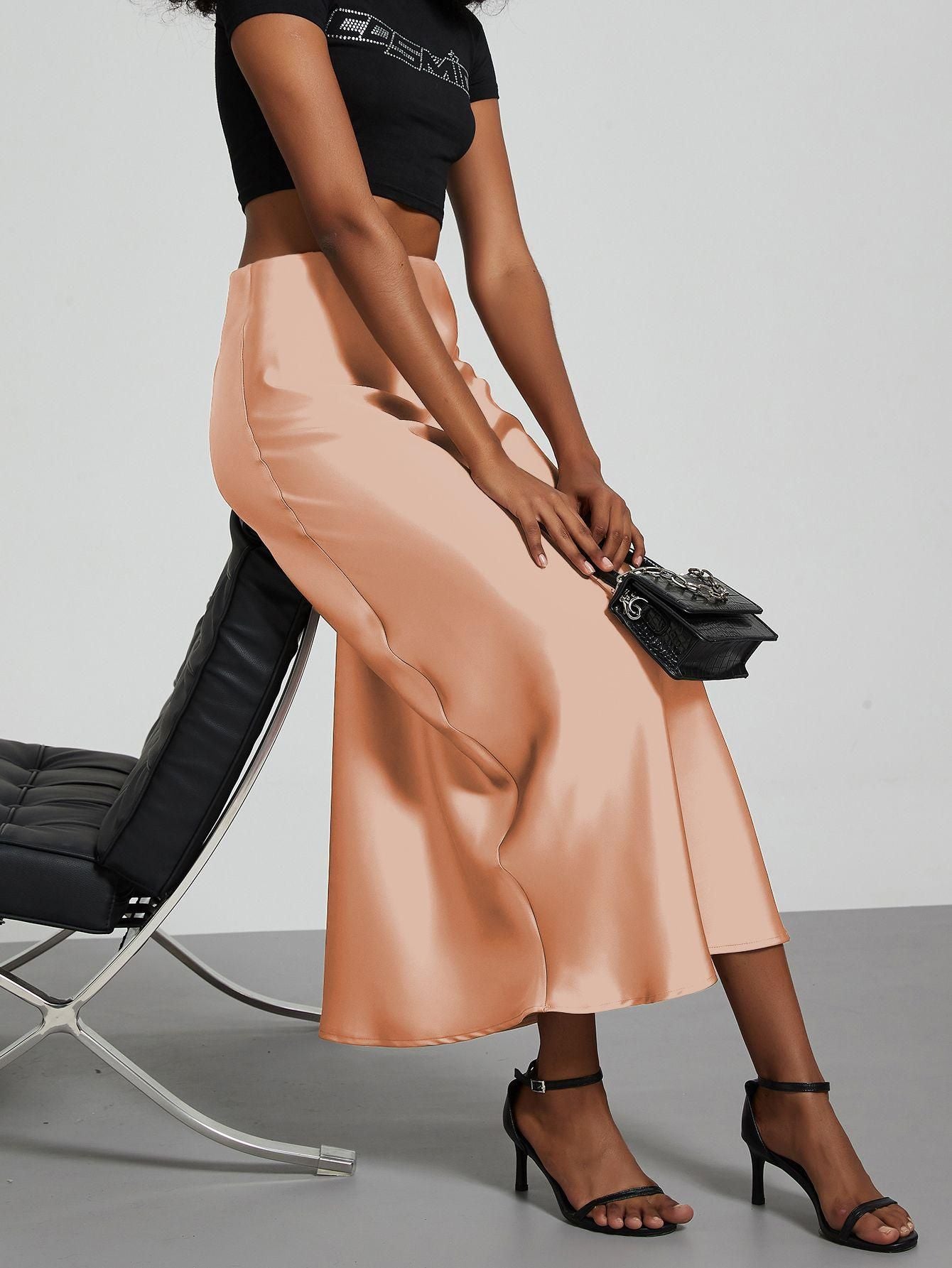 In-Stock Cross-Border Women's Clothing Wholesale European and American Style Elegant Satin Midi Skirt Slimming and Flowy