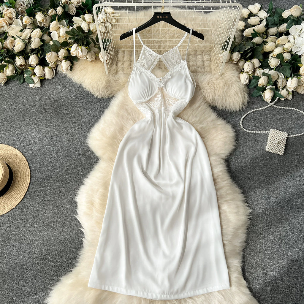 CHILLGIO Women Lace Satin Spaghetti Strap Dress Sexy Hollow Fashion Nightwear Nightgowns Ins Hot A Line Nightie Pajamas Sundress