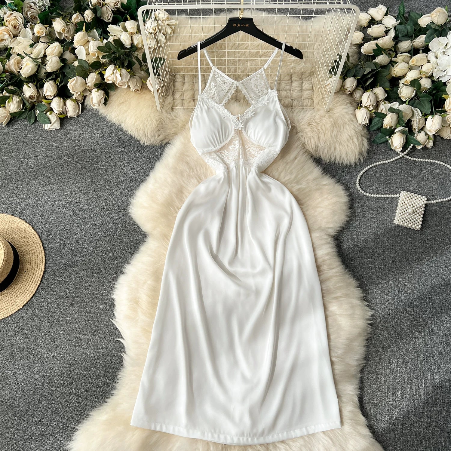 CHILLGIO Women Lace Satin Spaghetti Strap Dress Sexy Hollow Fashion Nightwear Nightgowns Ins Hot A Line Nightie Pajamas Sundress
