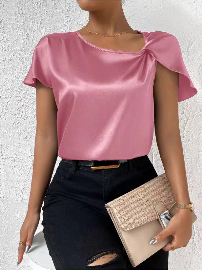 2026 European and American Foreign Trade Cross-Border Supply Summer Satin Short-Sleeve Top with Satin Twist, Solid Color, Loose Fit, Versatile Women's Top