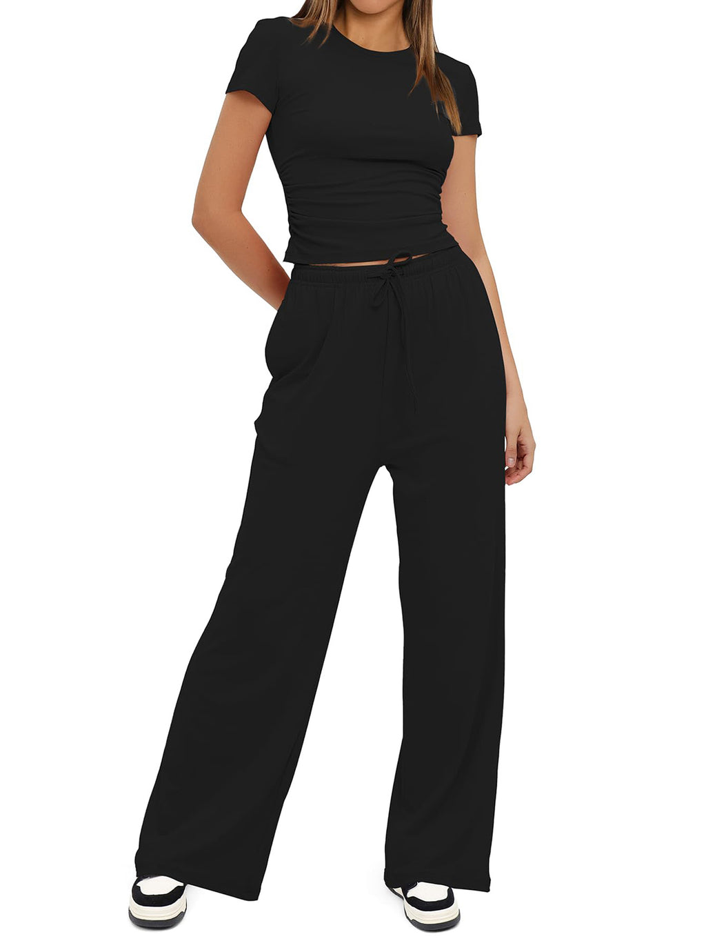 Women's Summer Solid Loose Casual Tracksuit Two Piece Set O Neck Short Sleeve T Shirt Wide Leg Pants Sportswear