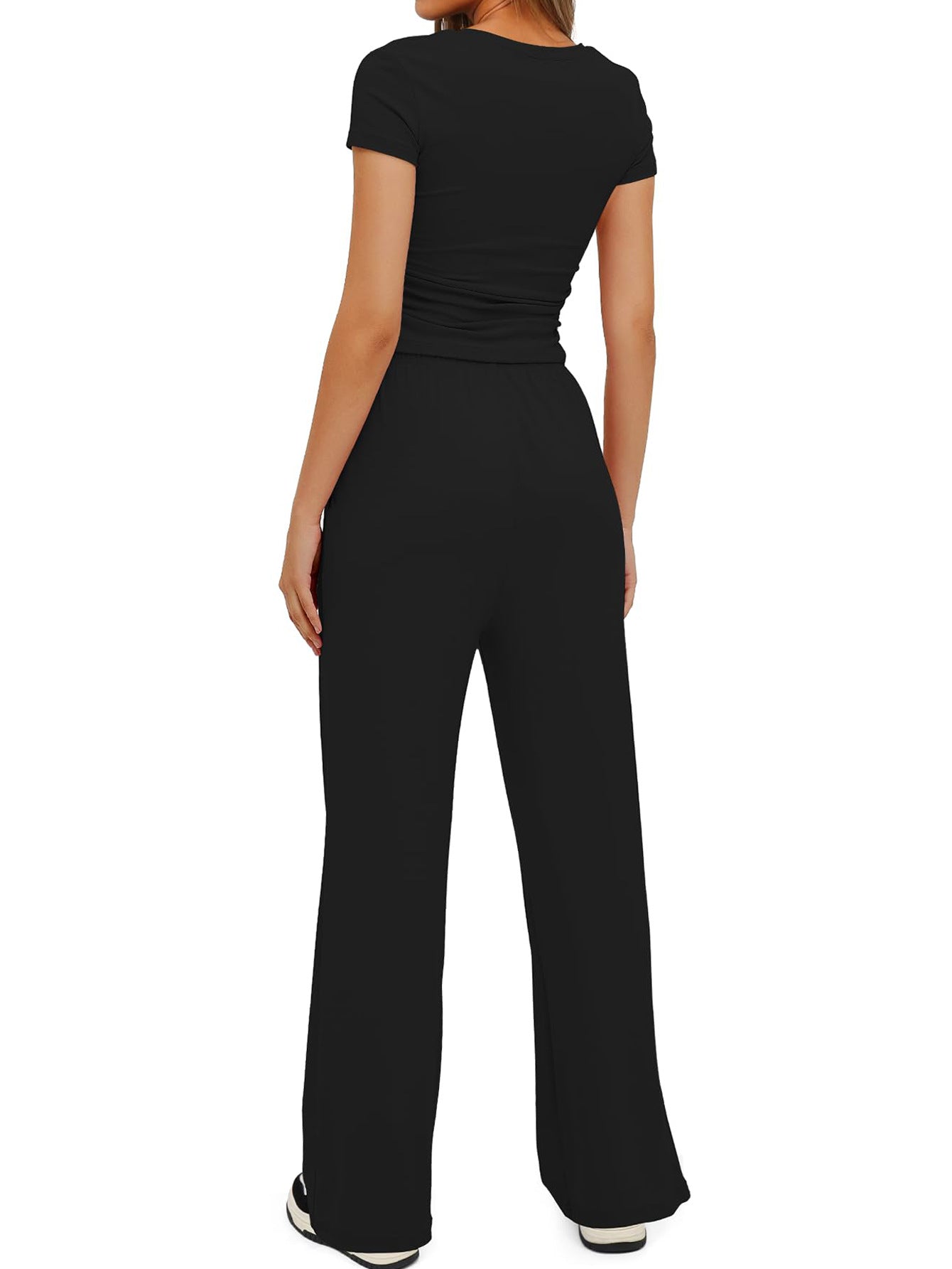 Women's Summer Solid Loose Casual Tracksuit Two Piece Set O Neck Short Sleeve T Shirt Wide Leg Pants Sportswear