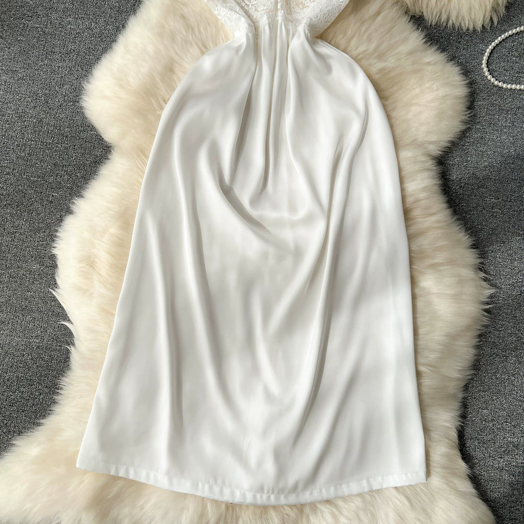 CHILLGIO Women Lace Satin Spaghetti Strap Dress Sexy Hollow Fashion Nightwear Nightgowns Ins Hot A Line Nightie Pajamas Sundress
