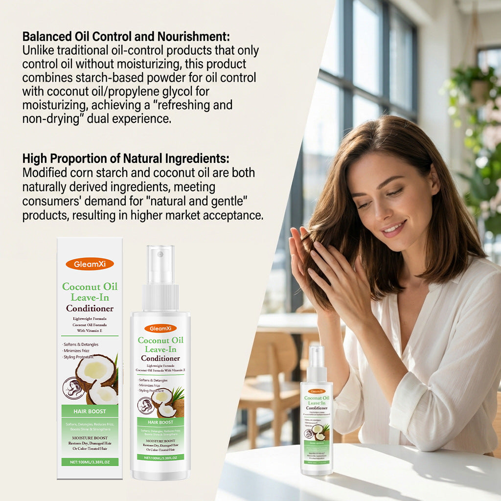Gleamxi Coconut Oil Leave-In Conditioner Spray Softens Detangles Dry Tangled Minimizes Frizz Boosts Shine Hair Care Product