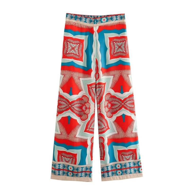 Women Fashion Print Pajamas Suit Autumn Shirts+Long Pants Set 2024 Female 2PCS Sets Casual Top With Belt Street Outwear Mujer