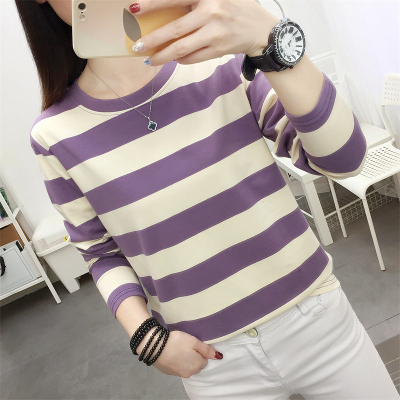 Autumn chubby girl Plus Size Large Size Loose Cotton Long-sleeved T-shirt Women's Middle-aged Mother Base Shirt Striped Top