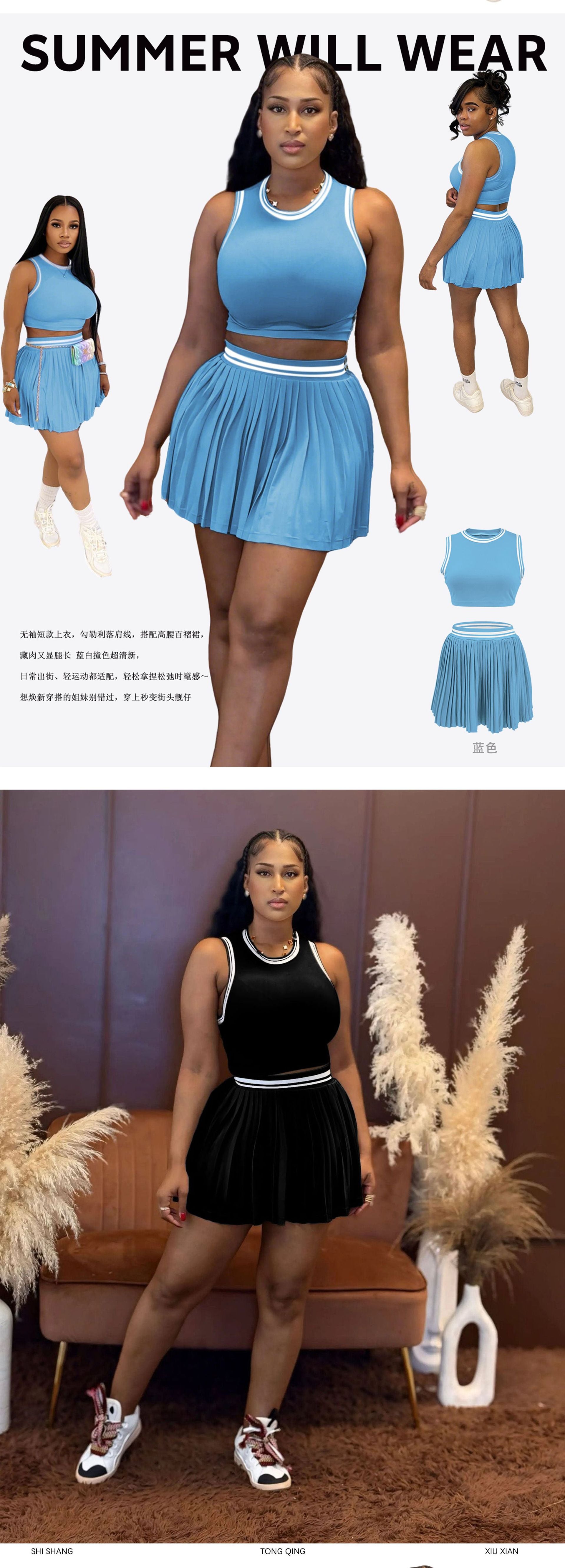 M3089 Women Solid Color Two Piece Set Sleeveless Crop Top & High Waist Pleated Mini Skirt Tennis Style Outfit