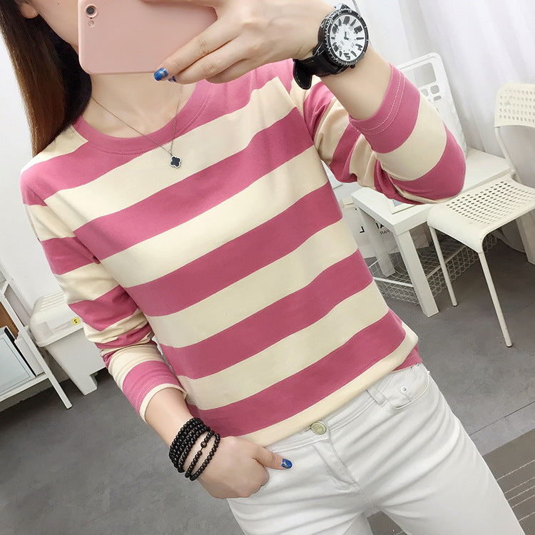 Autumn chubby girl Plus Size Large Size Loose Cotton Long-sleeved T-shirt Women's Middle-aged Mother Base Shirt Striped Top
