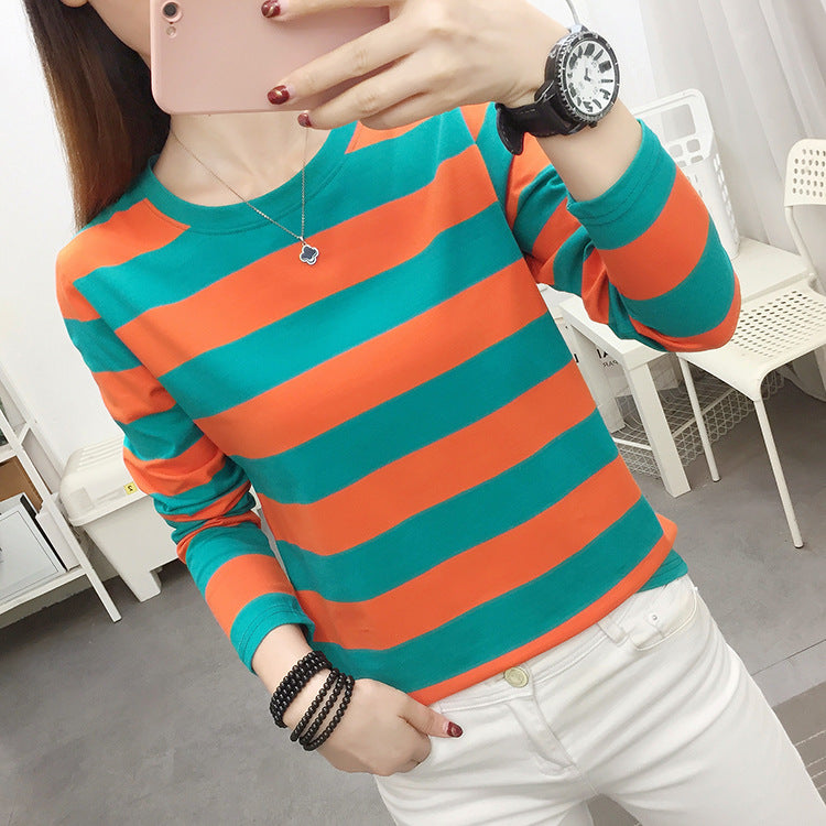 Autumn chubby girl Plus Size Large Size Loose Cotton Long-sleeved T-shirt Women's Middle-aged Mother Base Shirt Striped Top