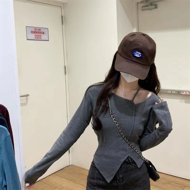 American Style Design Irregular Long-sleeved T-shirt Women's 2024 Spring and Autumn New Slim-fit Slimming Temperament Base Top