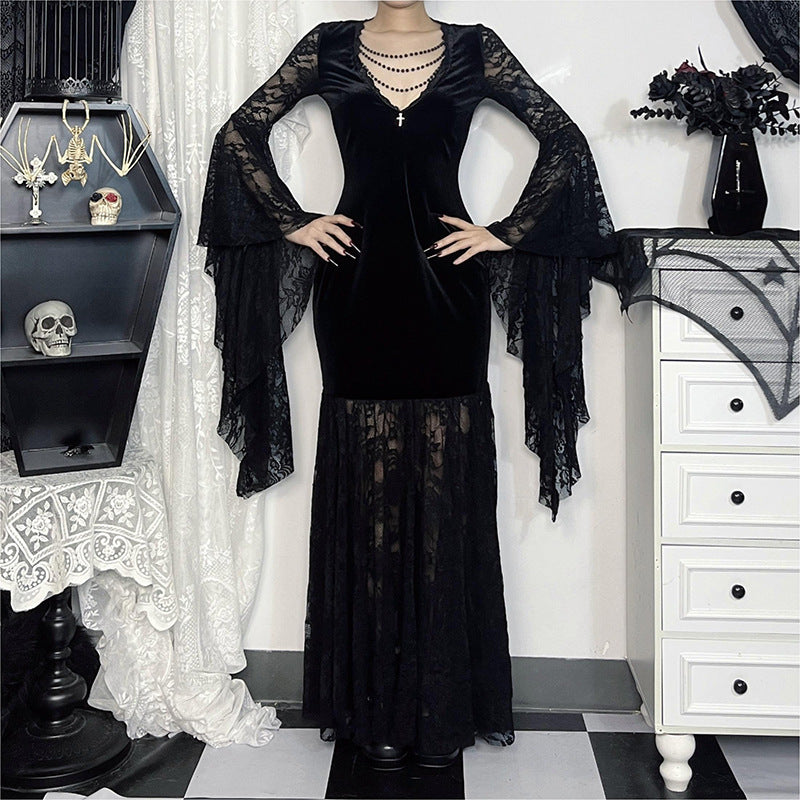 Halloween Costume Women Batwing Sleeve Floor Dress Black Gothic Evil Terror Maxi Mistress Morticia Addam Family Outfit For Adult