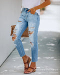 Cross-Border Export Jeans 2025 Summer Elegant Simple European and American Ripped Slimming Look Washed Denim Pants for Women