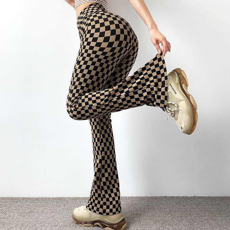 Checkerboard Flared Pants for Women, Autumn and Winter High-Waisted Wide-Leg Yoga Pants, Slimming Fitness Pants, Leg-Lengthening and Hip-Lifting