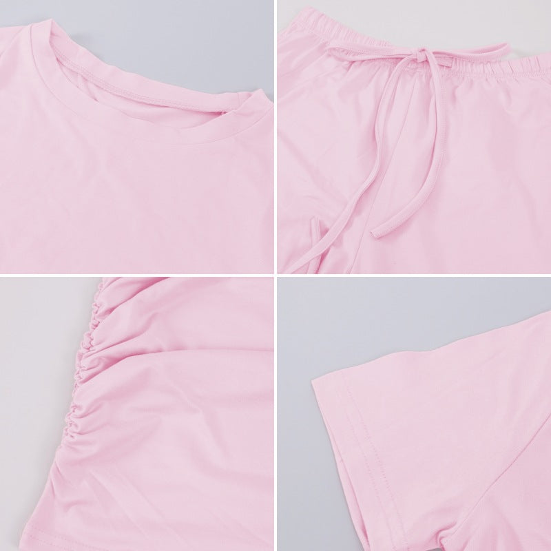 Women's Summer Solid Loose Casual Tracksuit Two Piece Set O Neck Short Sleeve T Shirt Wide Leg Pants Sportswear