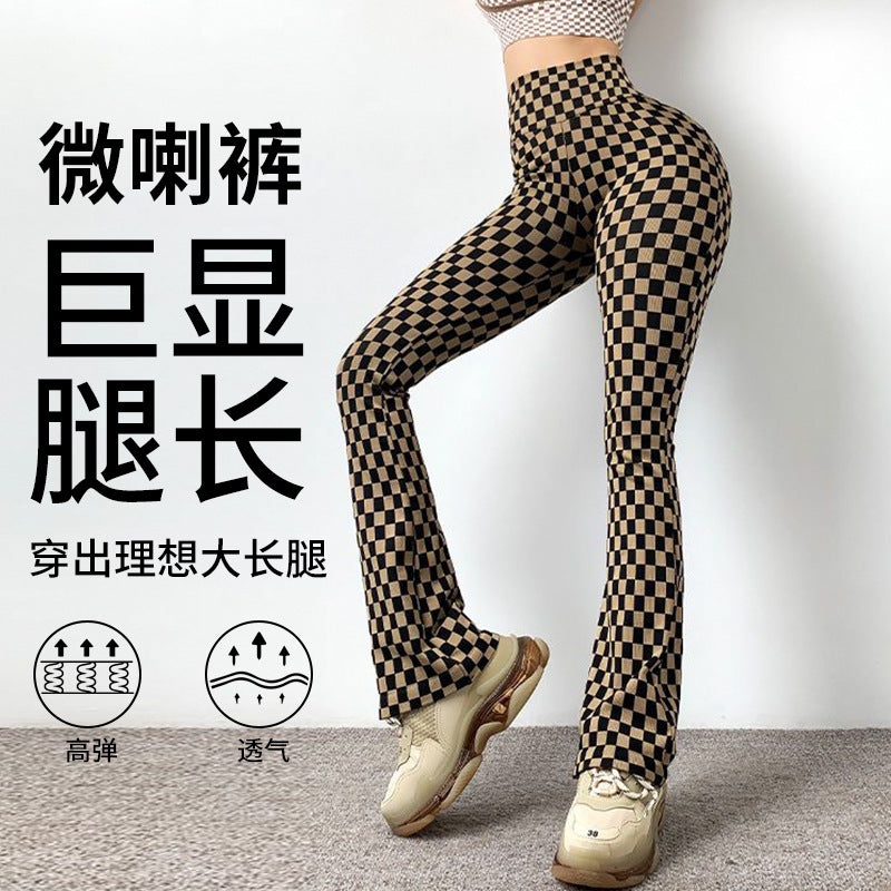 Checkerboard Flared Pants for Women, Autumn and Winter High-Waisted Wide-Leg Yoga Pants, Slimming Fitness Pants, Leg-Lengthening and Hip-Lifting