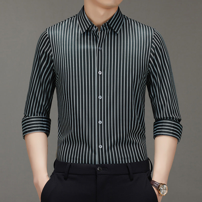 Spring 2025 New Mulberry Silk Vertical Stripe Printed Shirt Cross-border Joker for Young and Middle-aged Men Business Casual Flip