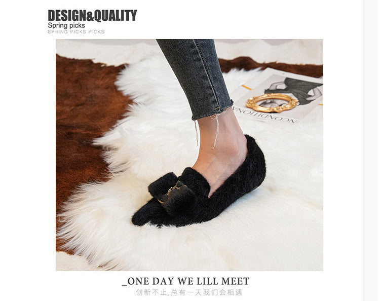 Flats Shoes for Women 2024 New Autumn Pointed Flat Mink Fur Winter Shoes Velvet Women's Loafers Ladies Shoes Plus Size 41 42 43