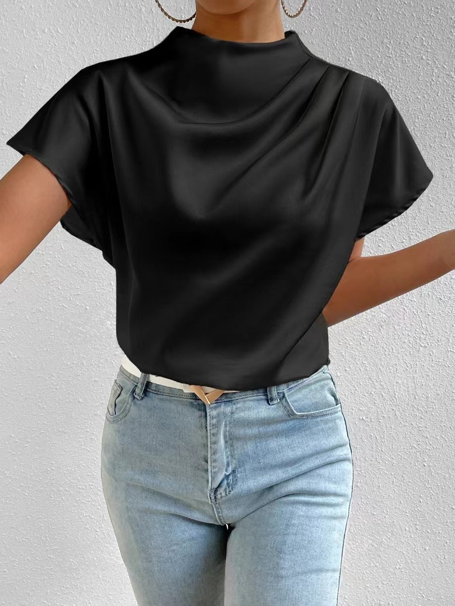 2026 Cross-Border Hot-Selling New Product Round Neck Short-Sleeve Left Shoulder Ruched T-Shirt Satin Women's Top Wholesale in Stock